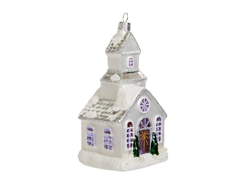 Елочная игрушка стекло Церквушка серебро 12,5 см GLT940 